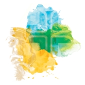 St. Joseph Health System Cross with green, blue and yellow abstract background
