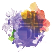 St. Joseph Health System Cross with purple, yellow, red and green abstract background