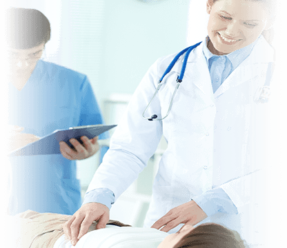 Smiling physician working with patient